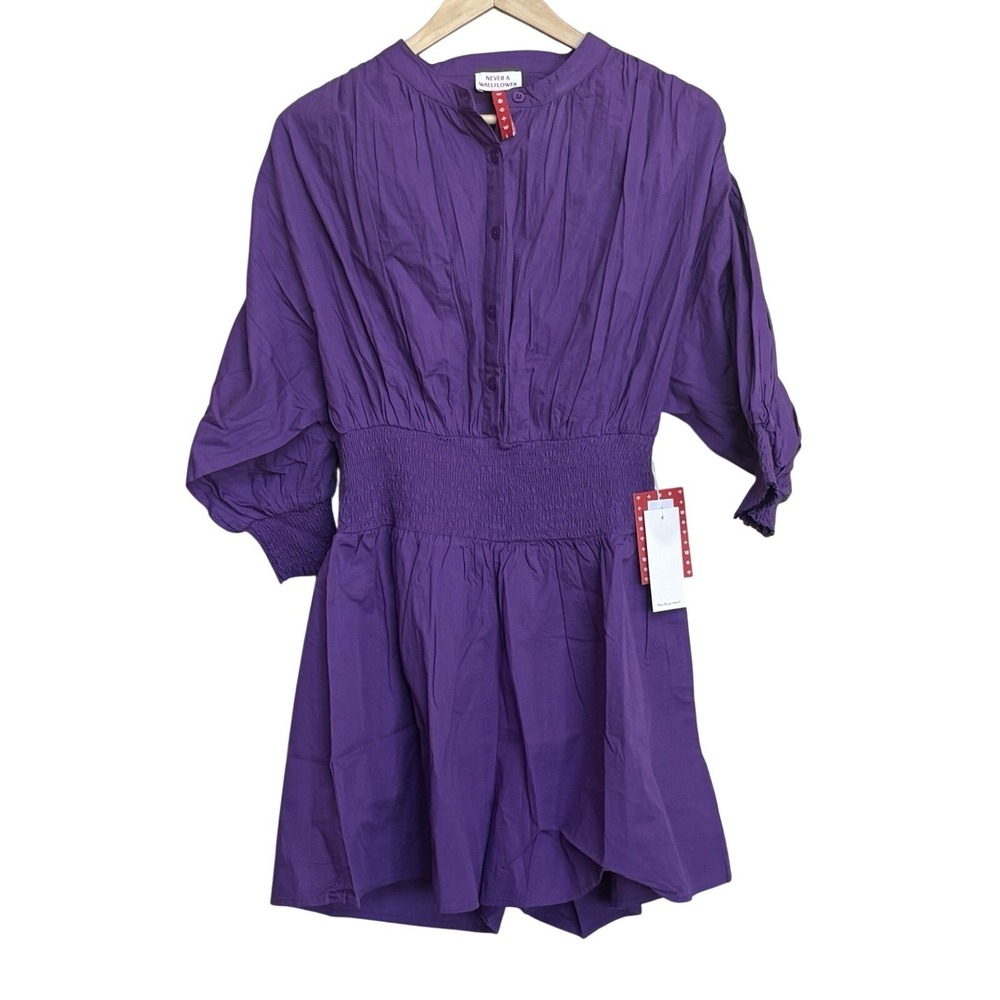 NWT Never A Wallflower Purple Smocked Waist Romper Size Large Cotton Puff Sleeve - Picture 2 of 8